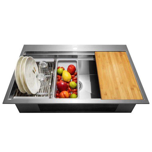 AKDY Handcrafted All-in-One Drop-In 30 in. x 22 in. x 9 in. Single Bowl Kitchen Sink in Stainless Steel with Accessories - #75951-OS
