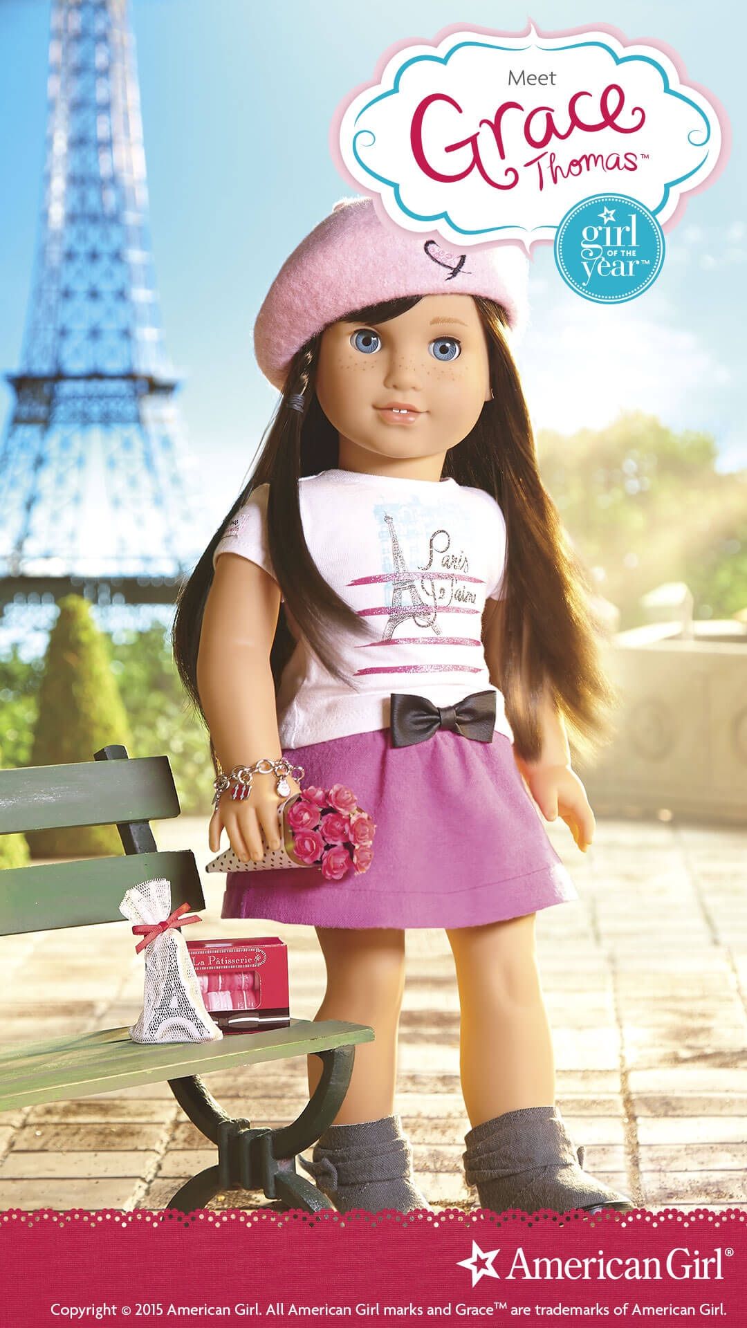 Grace American Girl Doll + city outfit + doll carrier