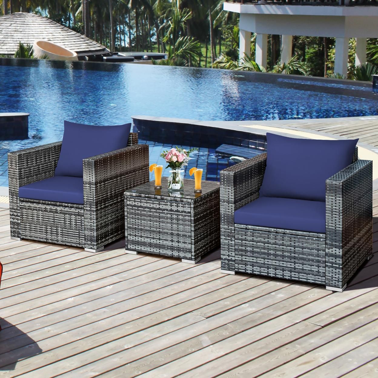 Costway 3 PC Patio Rattan Furniture Bistro Set Cushioned Sofa Chair Table White\Navy