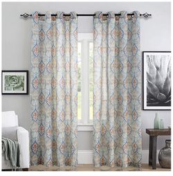 Medallion Linen Blend Curtains for Living Room 84 Inch Length Drapes Damask Pattern Flax Draperies Window Treatments for Sliding Glass Doors Bedroom Thumbnail