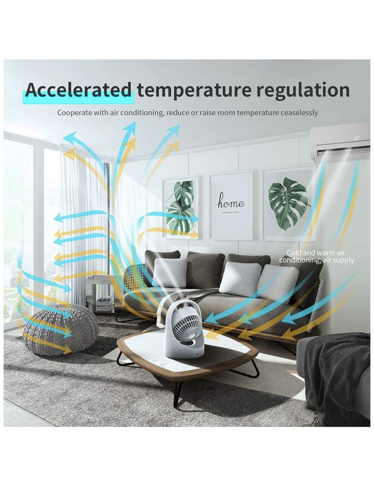 Air Circulator Fan Energy Smart Table Fan Whole Room Oscillating Cordless Fan with LED Light 4 Speeds USB Power Quiet Portable Desk Fan for Home Offic