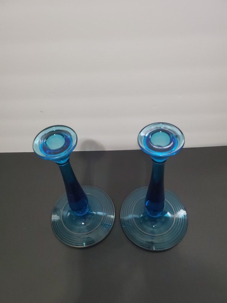 Mid-Century Teal Blue Glass Candle Holder With Silver Rings on The base.