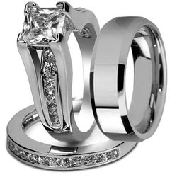 His and hers stainless steel princess wedding ring set women’s size 7 male size 9 Thumbnail