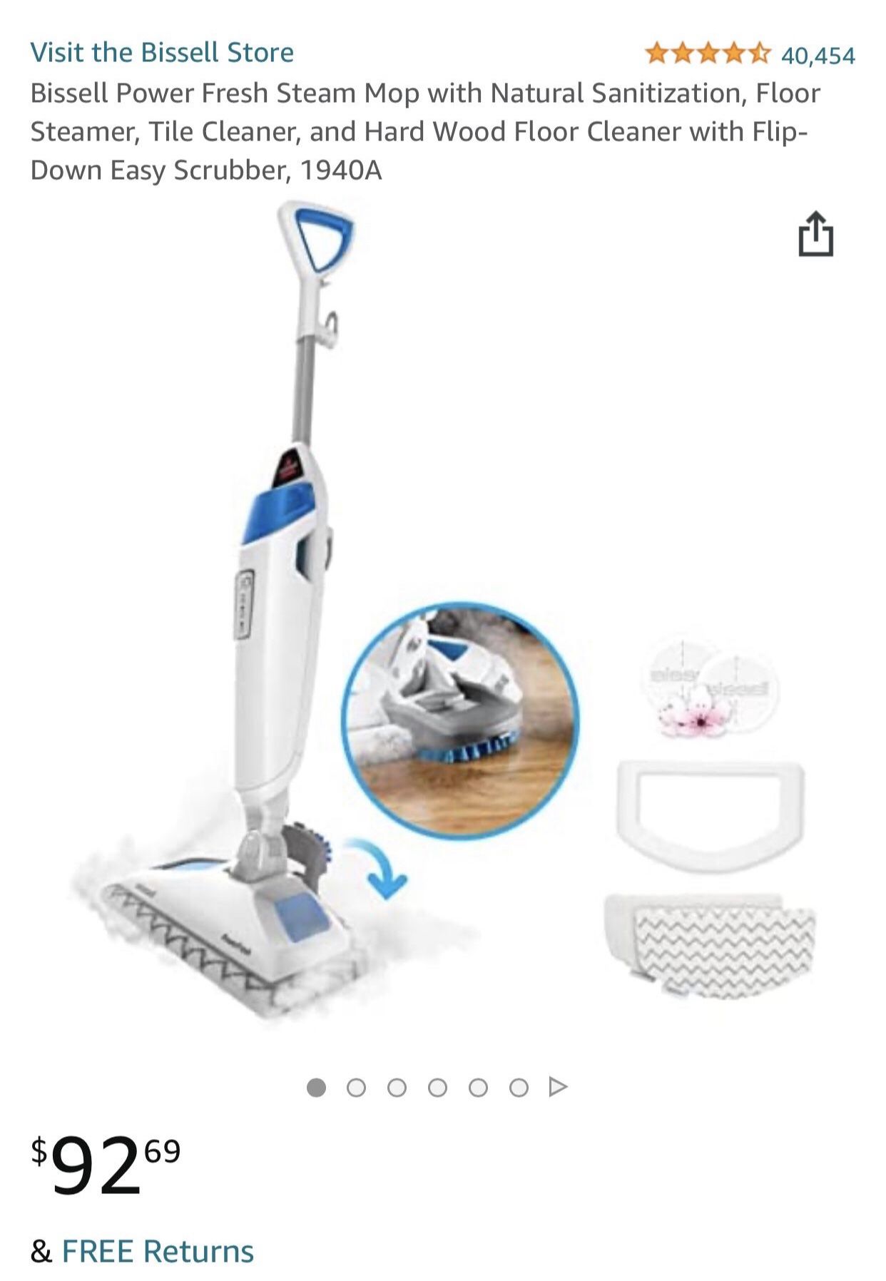 Bissell Power Fresh Steam Mop with Natural Sanitization, Floor Steamer, Tile Cleaner, and Hard Wood Floor Cleaner with Flip-Down Easy Scrubber