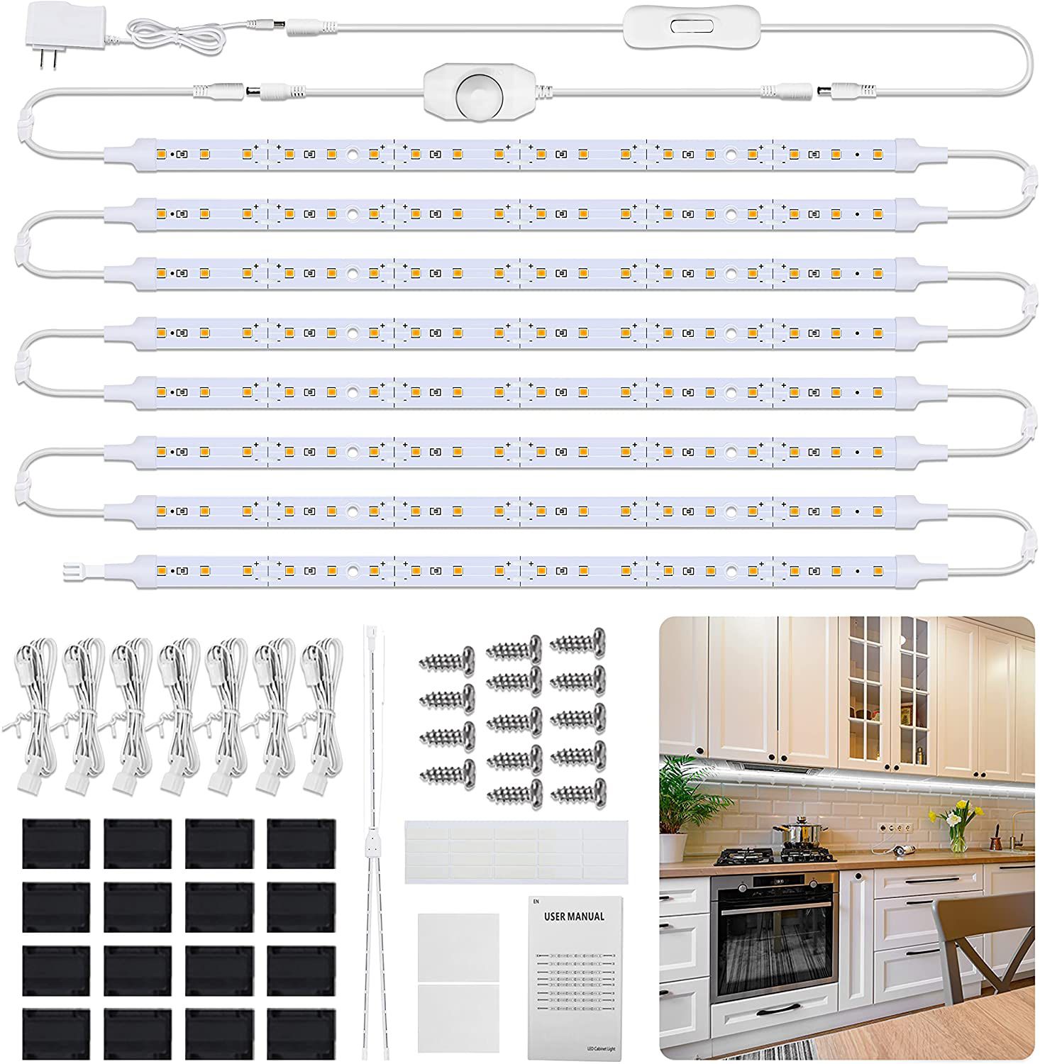 "LED Under Cabinet Lighting for Kitchen, 8 PCS 12"" Under Counter Lights Dimmable Under Cabinet Lights with Adapter Extension Cable for Kitchen Cabine