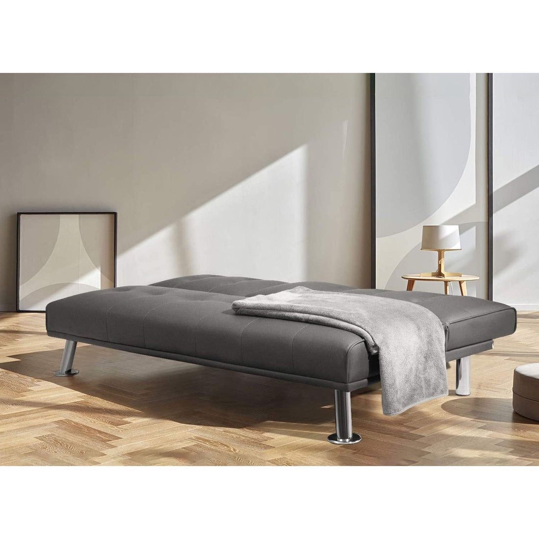 New Sofa Bed Modern Faux Leather Couch Bed Convertible Folding Recliner for Living Room with 2 Cup Holders and Armrest (Black) Modern PU Leather Conve