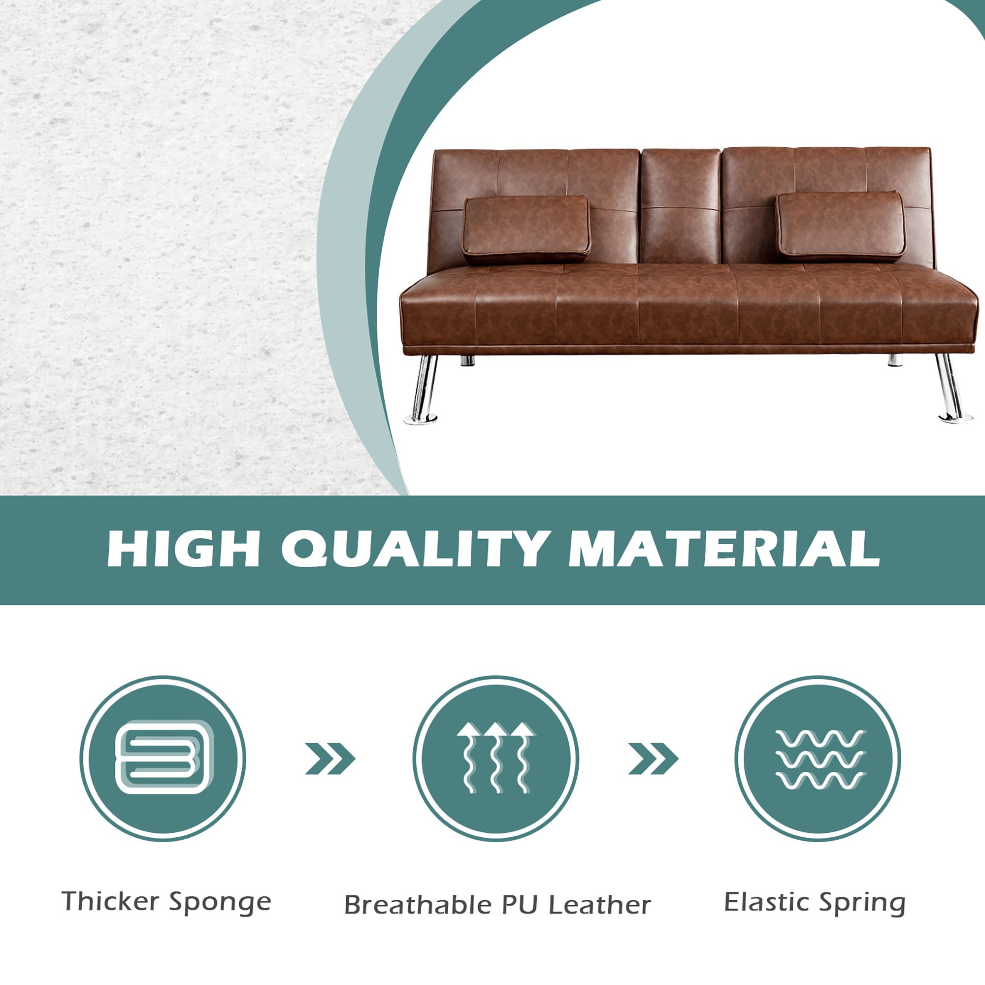 Costway Convertible Folding Futon Sofa Bed Leather w/Cup Holders&Armrests Brown