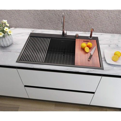 eModernDecor 16-Gauge Nano Black Stainless Steel 36 in. Single Bowl Drop-In Workstation Kitchen Sink with Accessories - #75263- OS