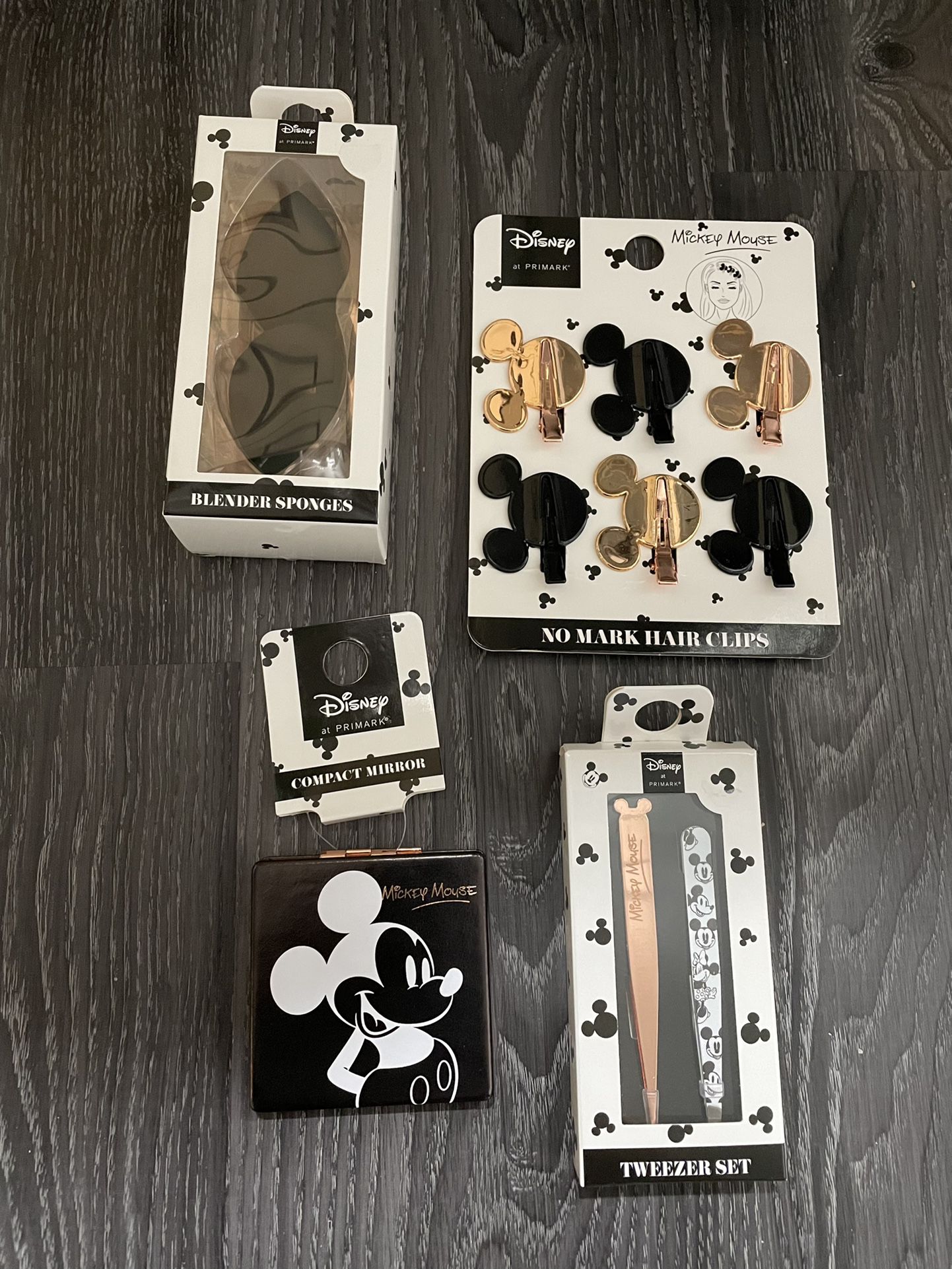 NWT Mickey Mouse Mirror, Tweezer Set, Blender Sponges, And Hair Clips