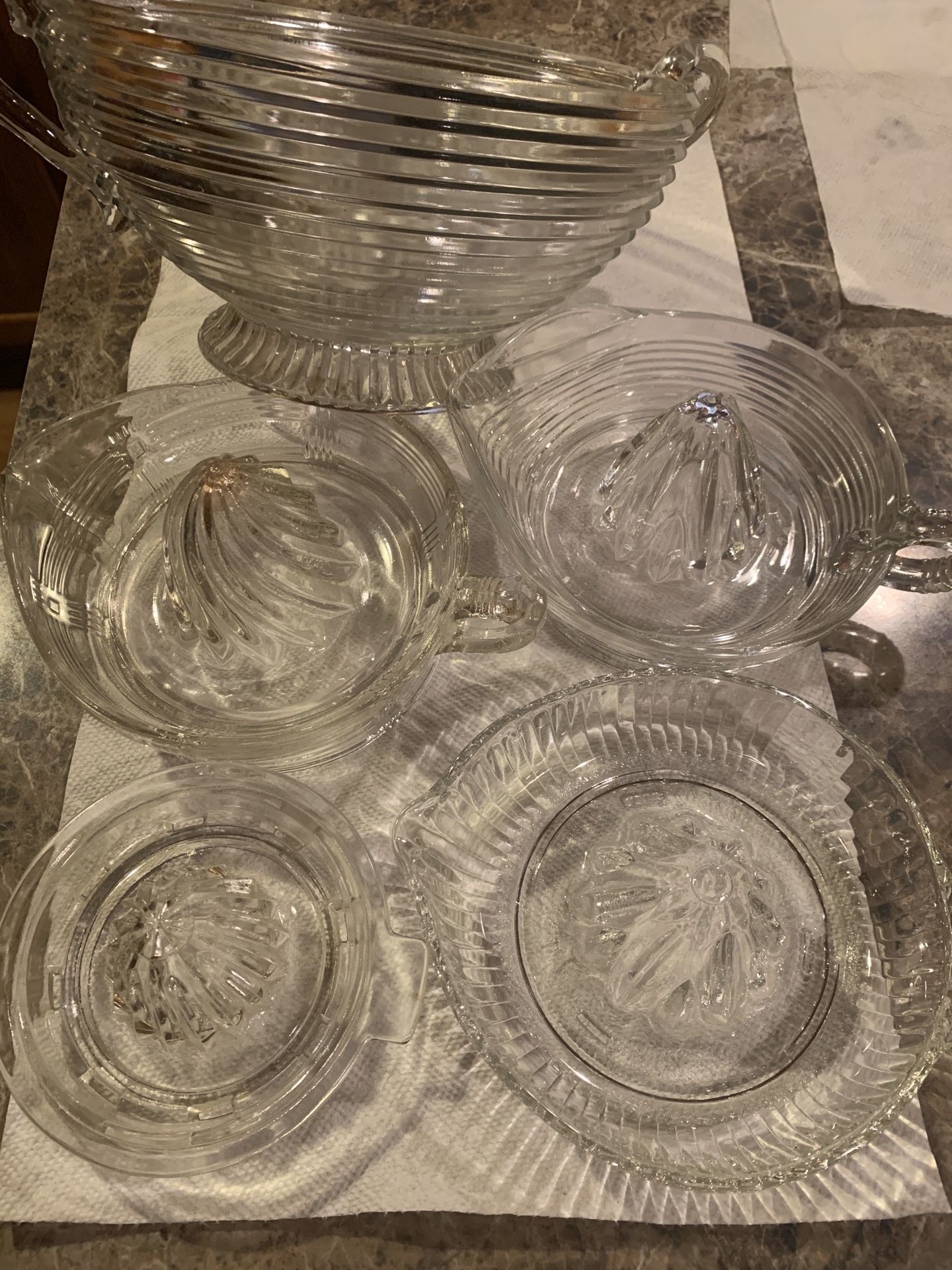 Beautiful etched glass juice strainers and dipping bowl
