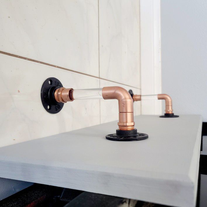 COPPER PIPE AND ACRYLIC 90 DEGREE REVERSIBLE SHELF BRACKETS (2)