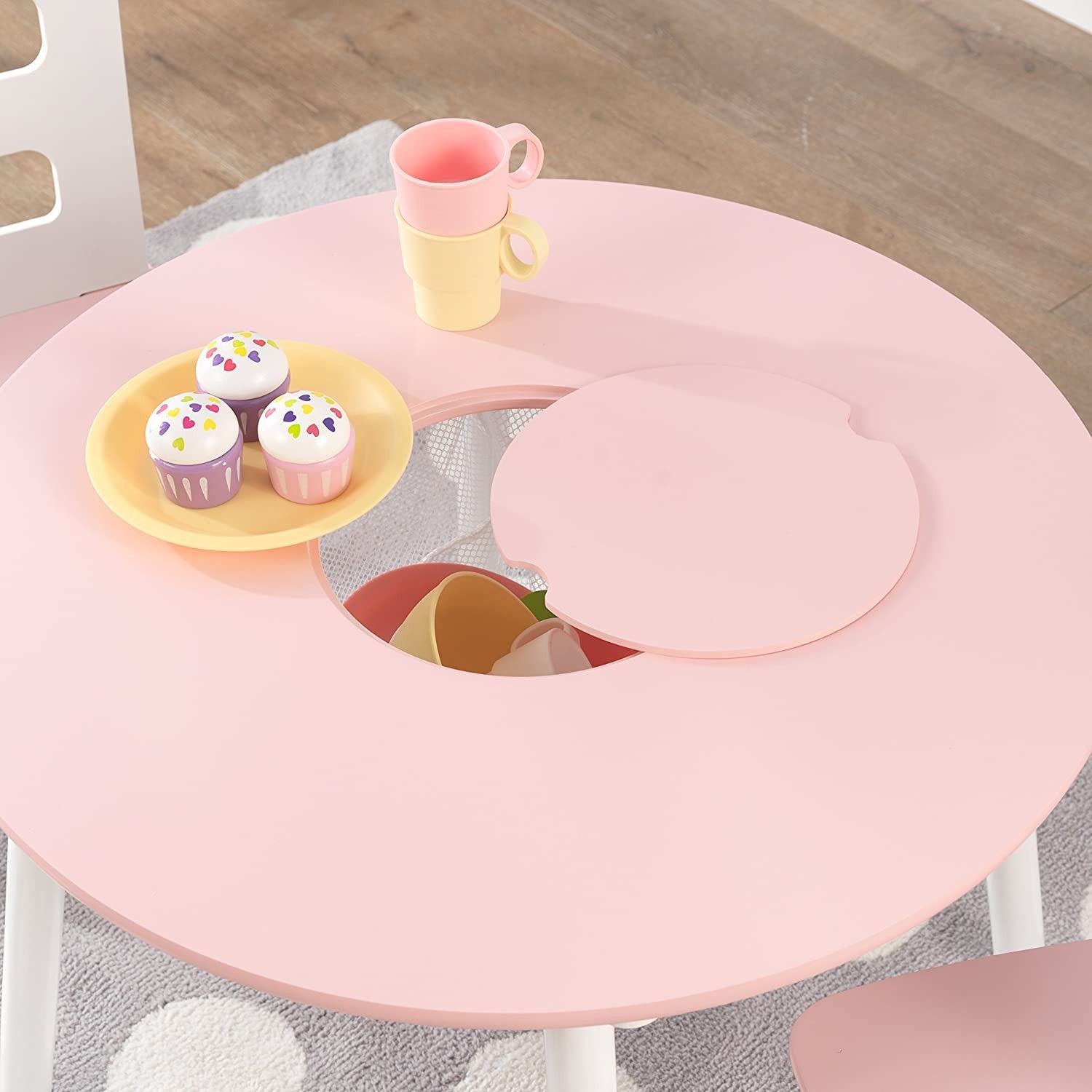 Wooden Round Table & 2 Chair Set with Center Mesh Storage - Pink & White