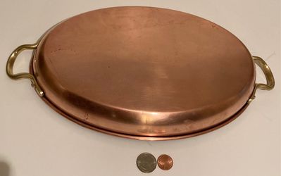 Vintage Copper and Brass Fish Frying Pan, Sauce Pan, 12 1/2" Handle to Handle, and 12" x 8" Pan Size, Made in Portugal, Quality, Jazmyn Design, Fish Thumbnail