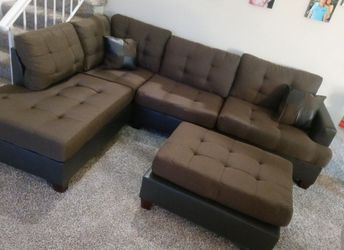 Brand New Brown Linen Sectional Sofa Couch +Ottoman  Thumbnail