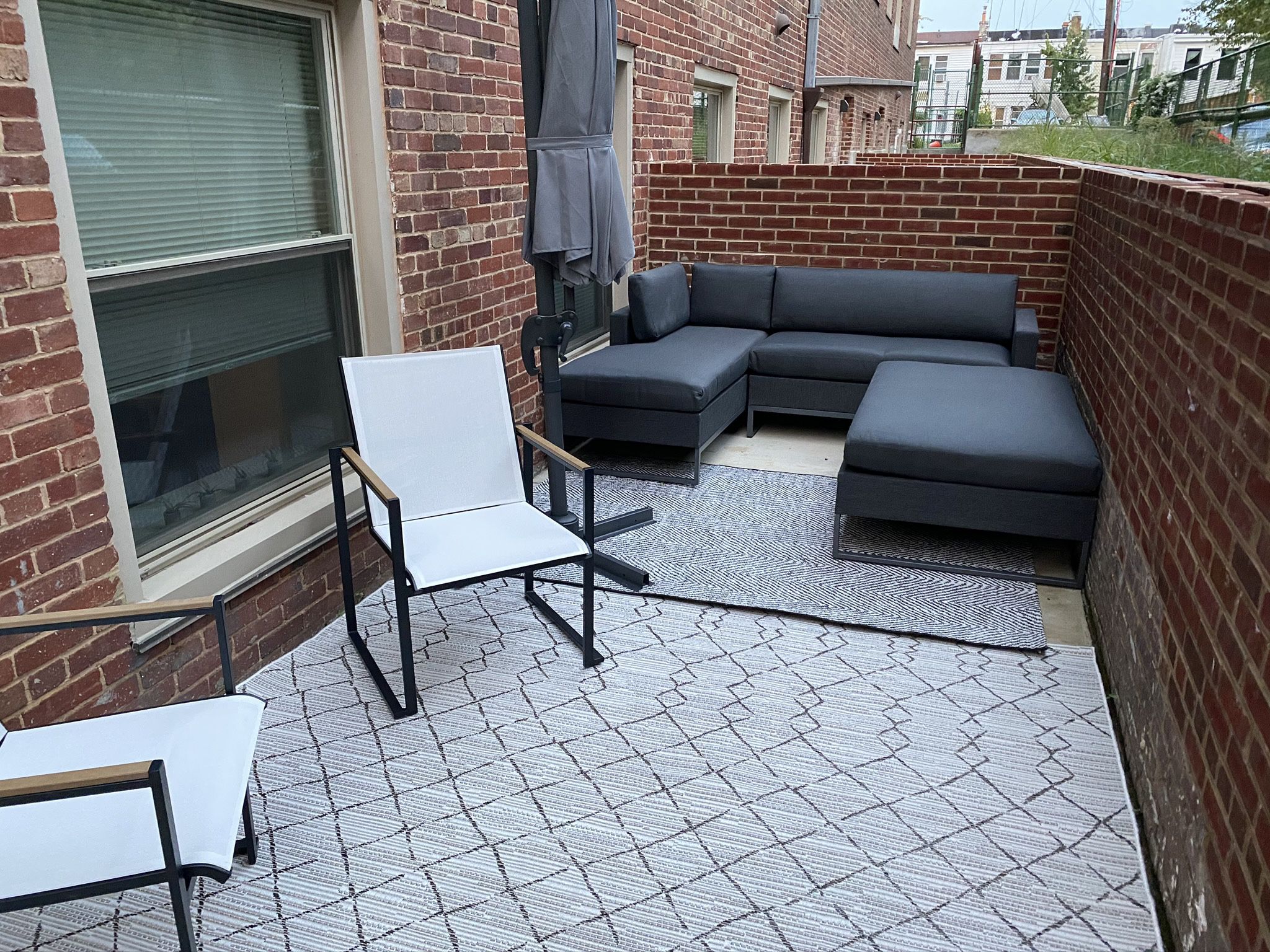 Full Patio Set (Sectional, Dining  Chairs, Ottoman, 2 Umbrellas, Rugs)