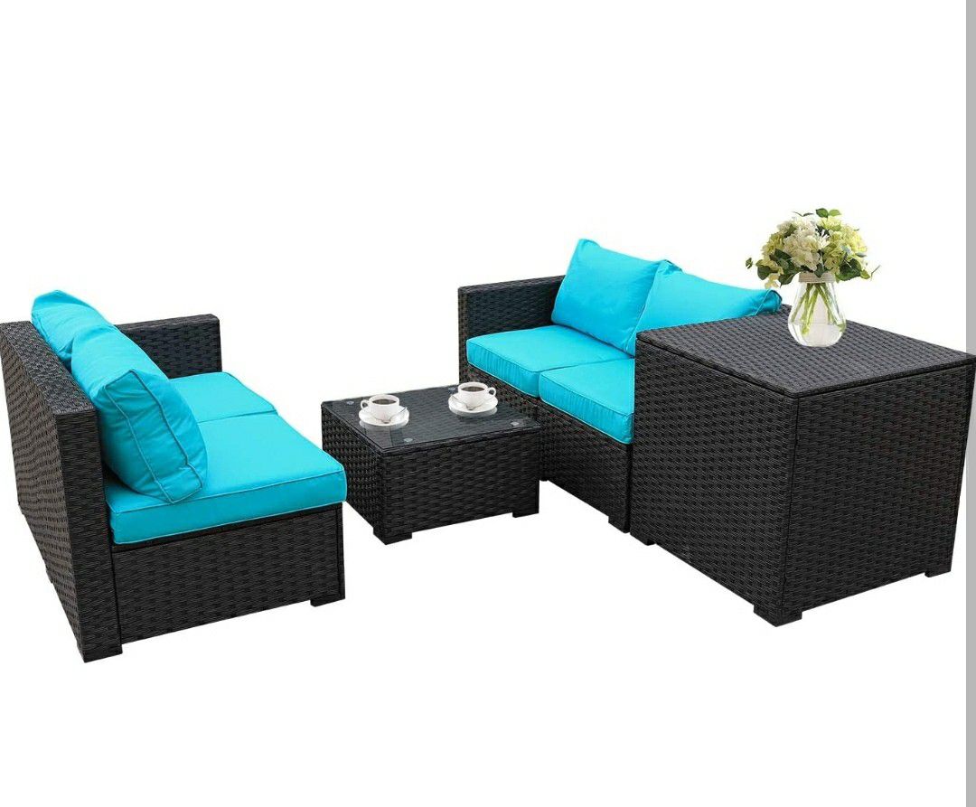 All Weather Outdoor Furniture Set (4 Piece) Black Rattan Sectional Set Conversation Sofa w/ Storage Bin