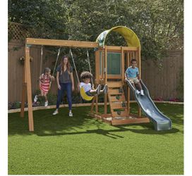 KidKraft Ainsley Wooden Outdoor Swing Set with Slide, Chalk Wall, Canopy and Rock Wall Thumbnail