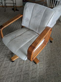 2 Fabric and Oak Rolling Chairs Thumbnail