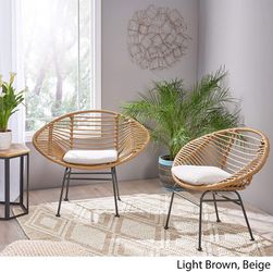Set of 2 - Modern Woven Rattan Chair with Cushions, Light Brown and Beige Thumbnail