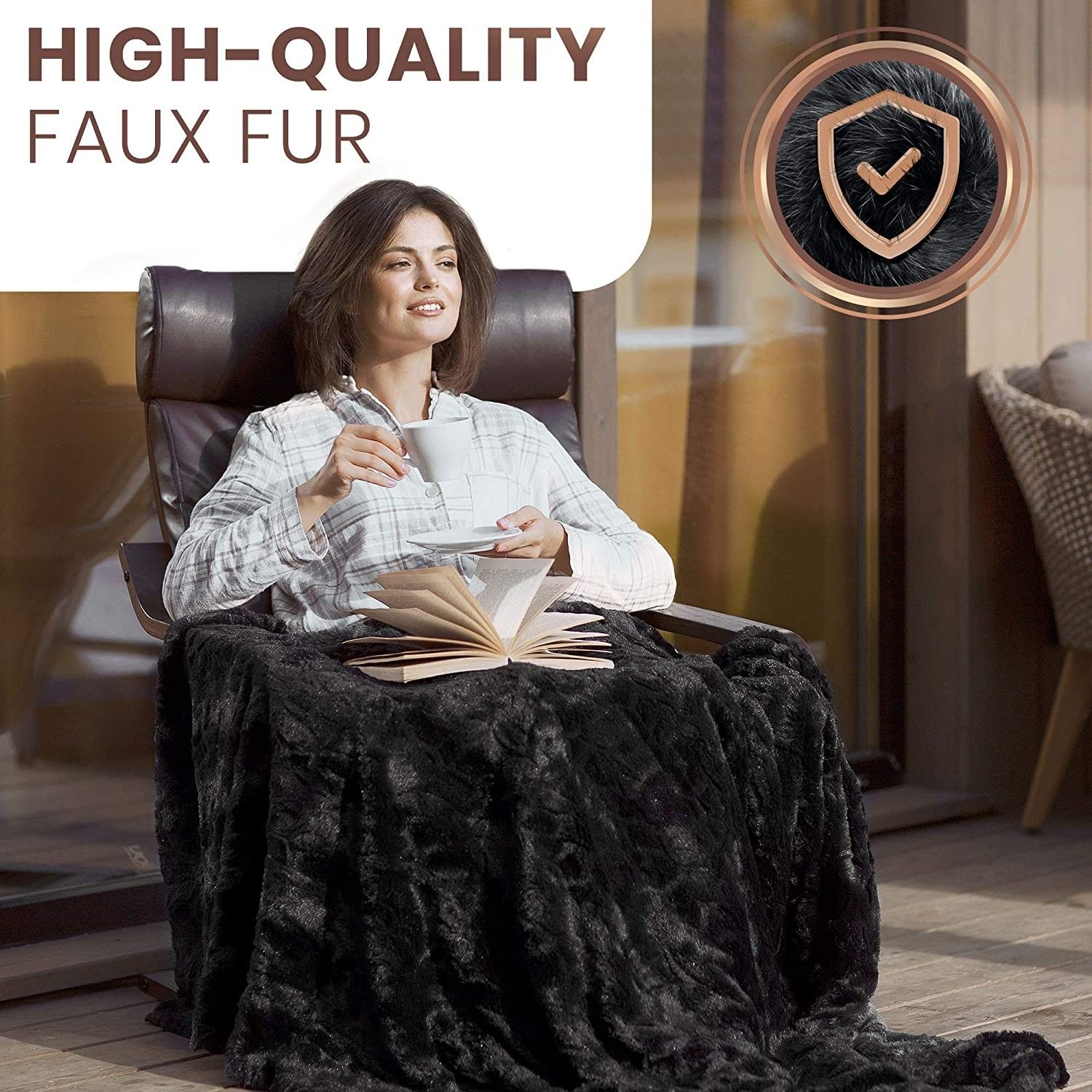 Luxury Faux Fur Throw Blanket - Ultra Soft and Fluffy - Plush for Couch Bed and Living Room - Fall Winter and Spring - 50x65 (Full Size) Black
