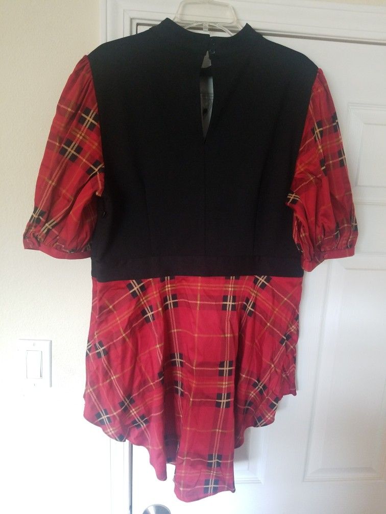 New York And Company Black/Red Tartan Plaid Hi-Lo Handkerchief Hem ShirtÂ