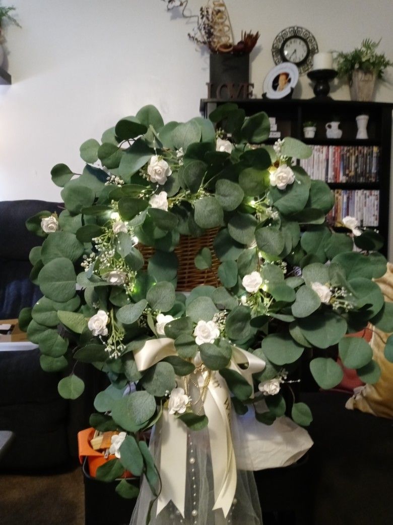 Eucalyptus Handmade Wedding Wreath With Lights. Ready To Hang!