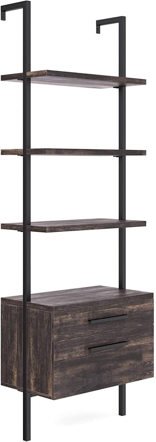 Matte Steel Frame Industrial Bookshelf with Wood Drawers, 3-Shelf, Nutmeg/Black
