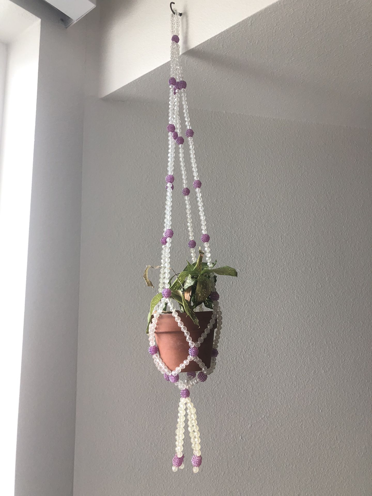 Boho 70s Beaded Plant Holder- Purple And White