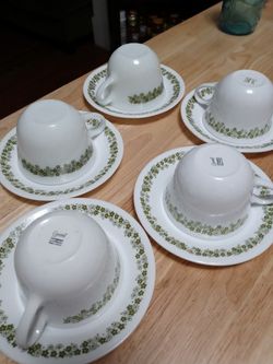 Set of (5) Spring Blossom Green Corning Tea Cups and Plates. Thumbnail
