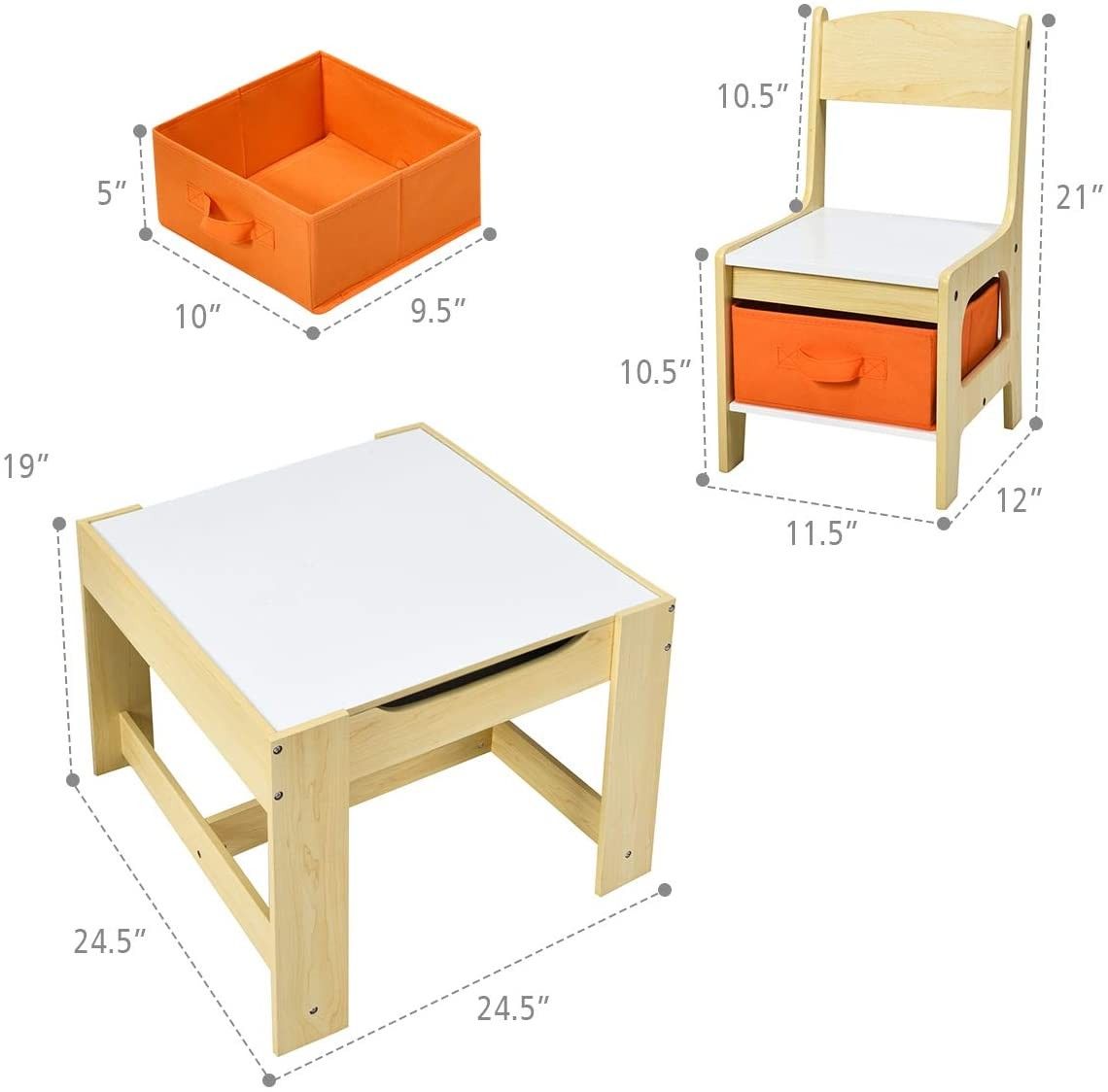 Kids Wood Table & 2 Chair Set, Children Activity Table Desk Sets w/Storage Drawer