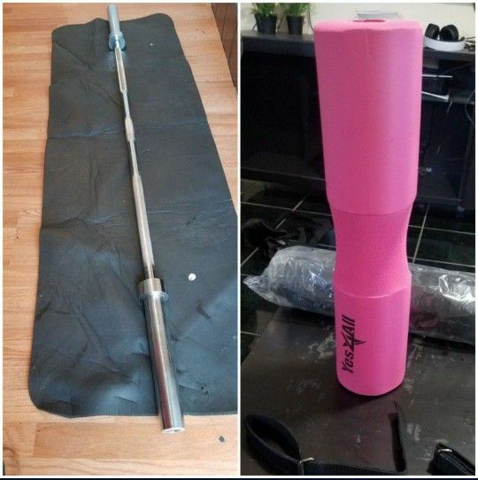 hip thrust / squat pad with seven foot barbell 45lbs with clips