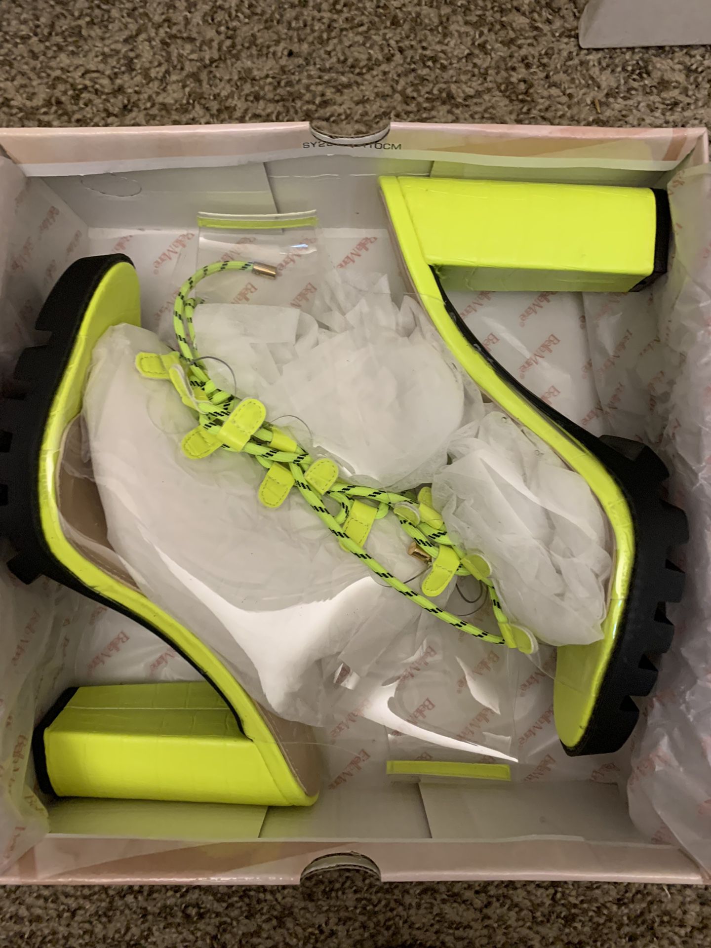 Neon yellow Transparent Chunky High Heels Clear Ankle Boots Lace Up Platform Shoes Size 10