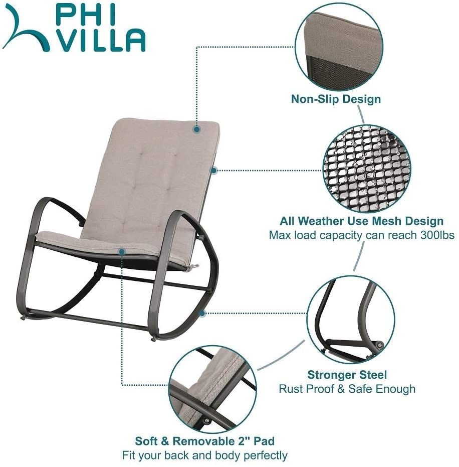 Outdoor Patio Metal, Padded Modern Rocker with Cushion, Support 300lbs for Porch, Deck, Balcony or Indoor Use - Black