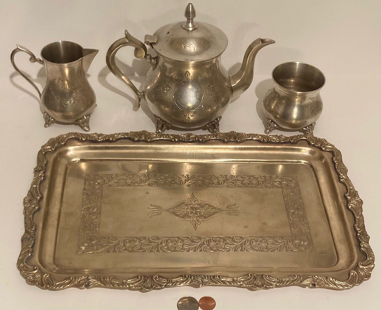 Vintage Metal Silver Teapot Set, Serving Tray, Heavy Duty, 15 1/2" x 10" Tray Size, Home Decor, Kitchen Decor, Table Display, Shelf Display