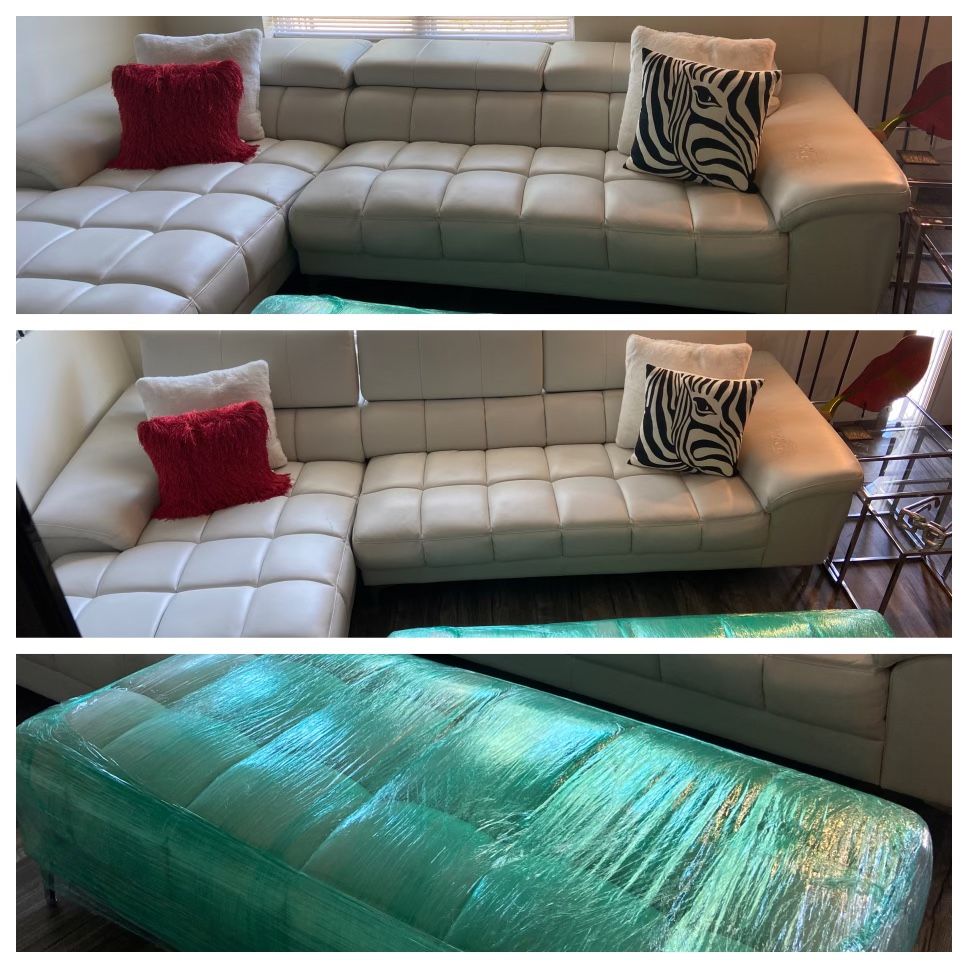 Off-White Faux Leather Sectional (couch + chaise + ottoman)