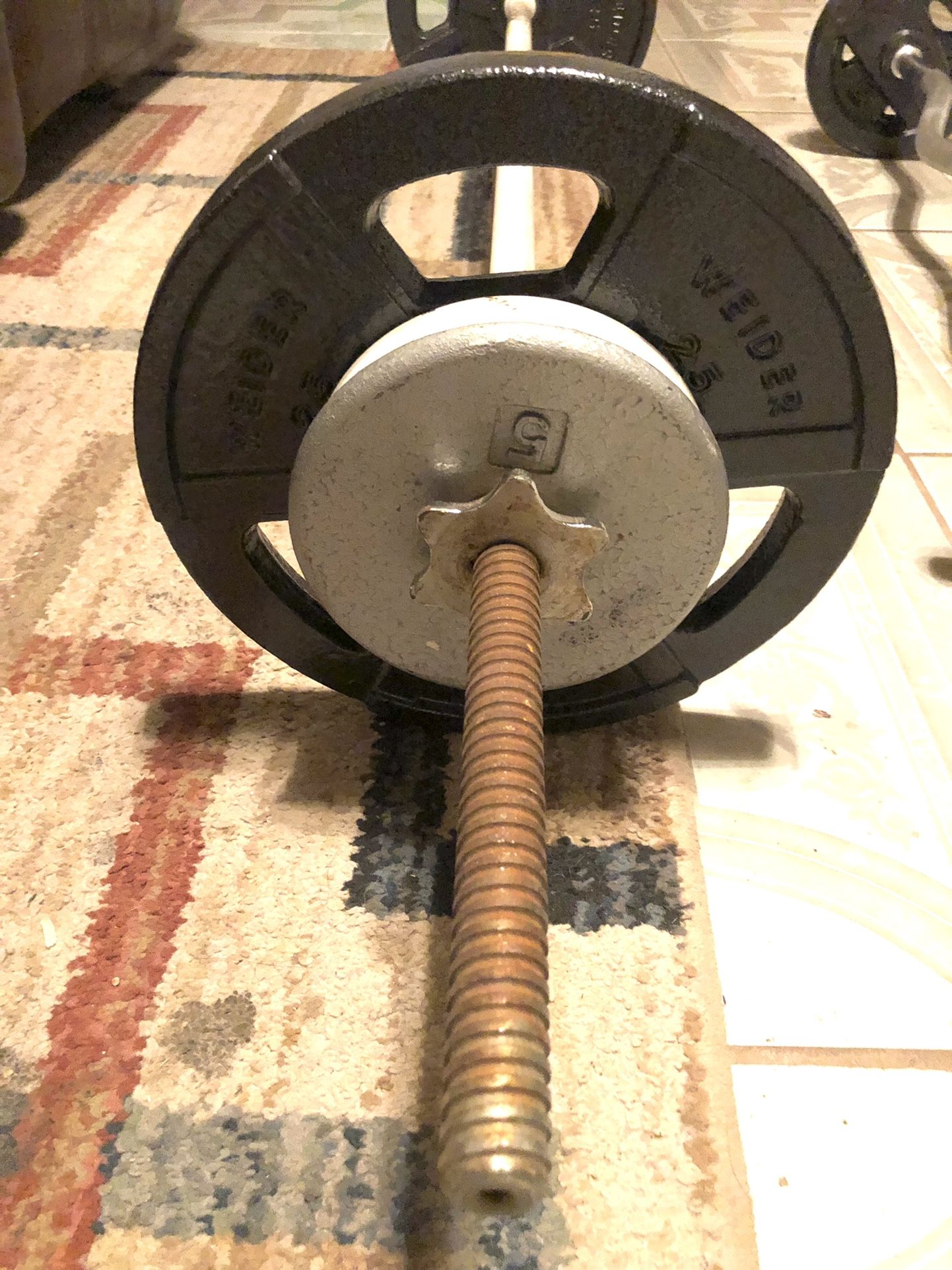 All (2)25lb., (2) 10lb., & (14) 5lb. Weights with Curl Bar & Dumbbells 💪 $240 OBO