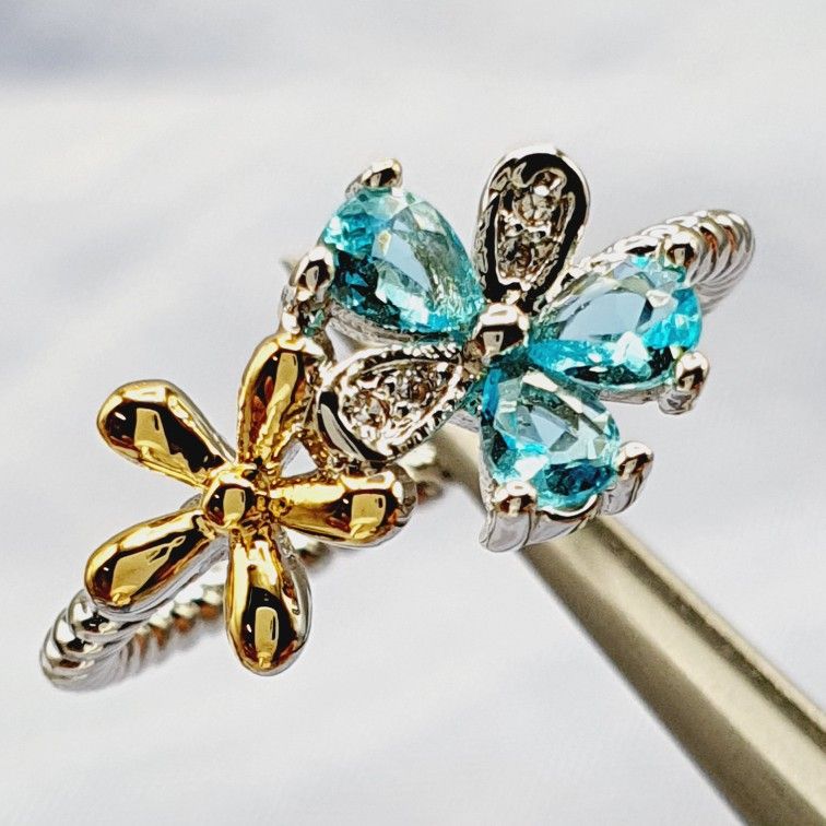 "Sweet Double Flower Sea Blue CZ Weave Thin Rings for Women, VP1672