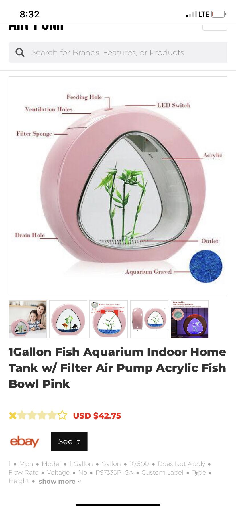 1 Gallon Fish Aquarium Tank with Filter Air Pump