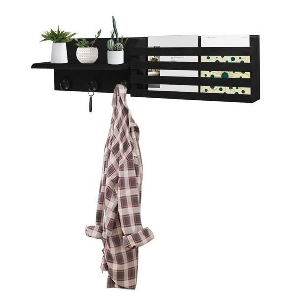 Wall Shelf and Mail Holder with 3 Hooks, 24-Inch by 6-Inch, Black