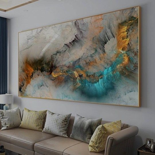 Light Gray Blue Yellow Cloud Abstract Canvas Frames - Canvas Painting Wall Art Print Poster for Living Room Decoration 70x140cm with Frame