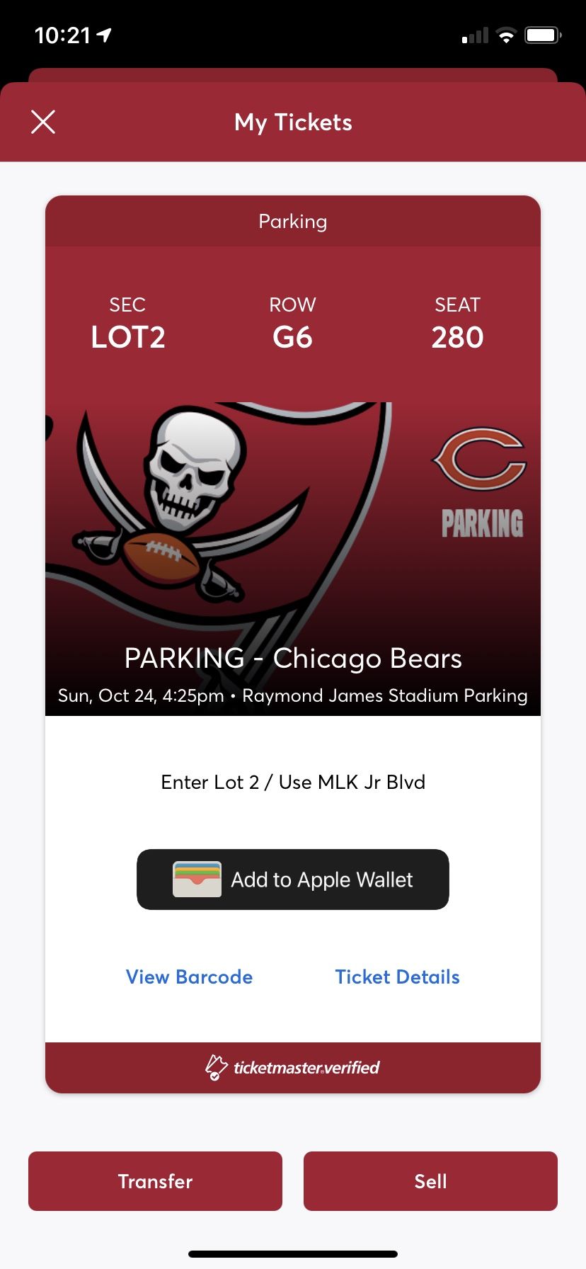 Parking In lot 2 for Bucs V Bears 10/24/21