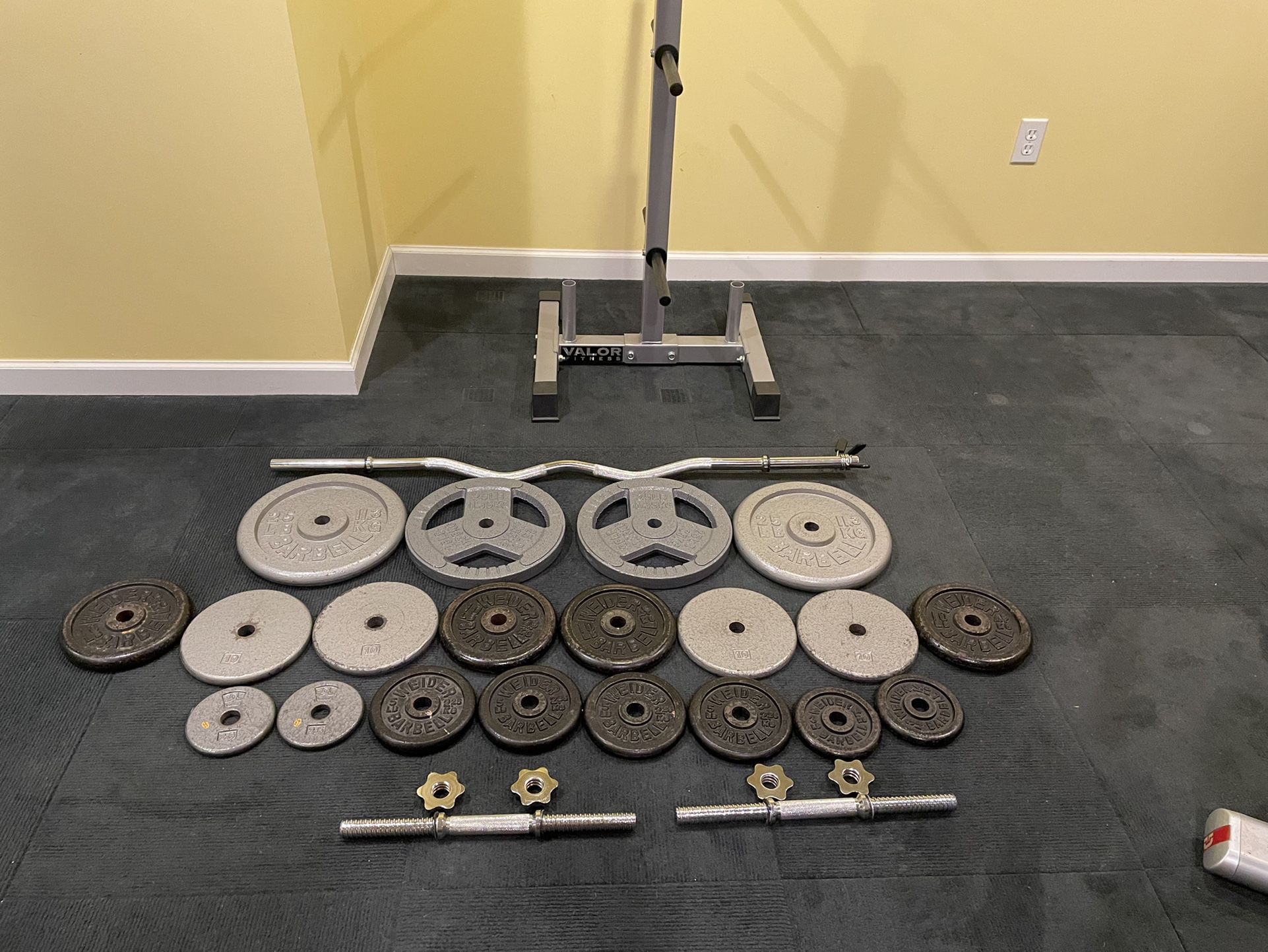 Weights, Valor Fitness Weight Tree, EZ Curl Bar, Spin Lock DB Handles