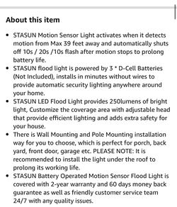Gently used - fully functional  STASUN Motion Sensor Security Light, 250lm Wireless Battery Operated LED Flood Light, 5000K, Easy-to-Install Spotlight Thumbnail