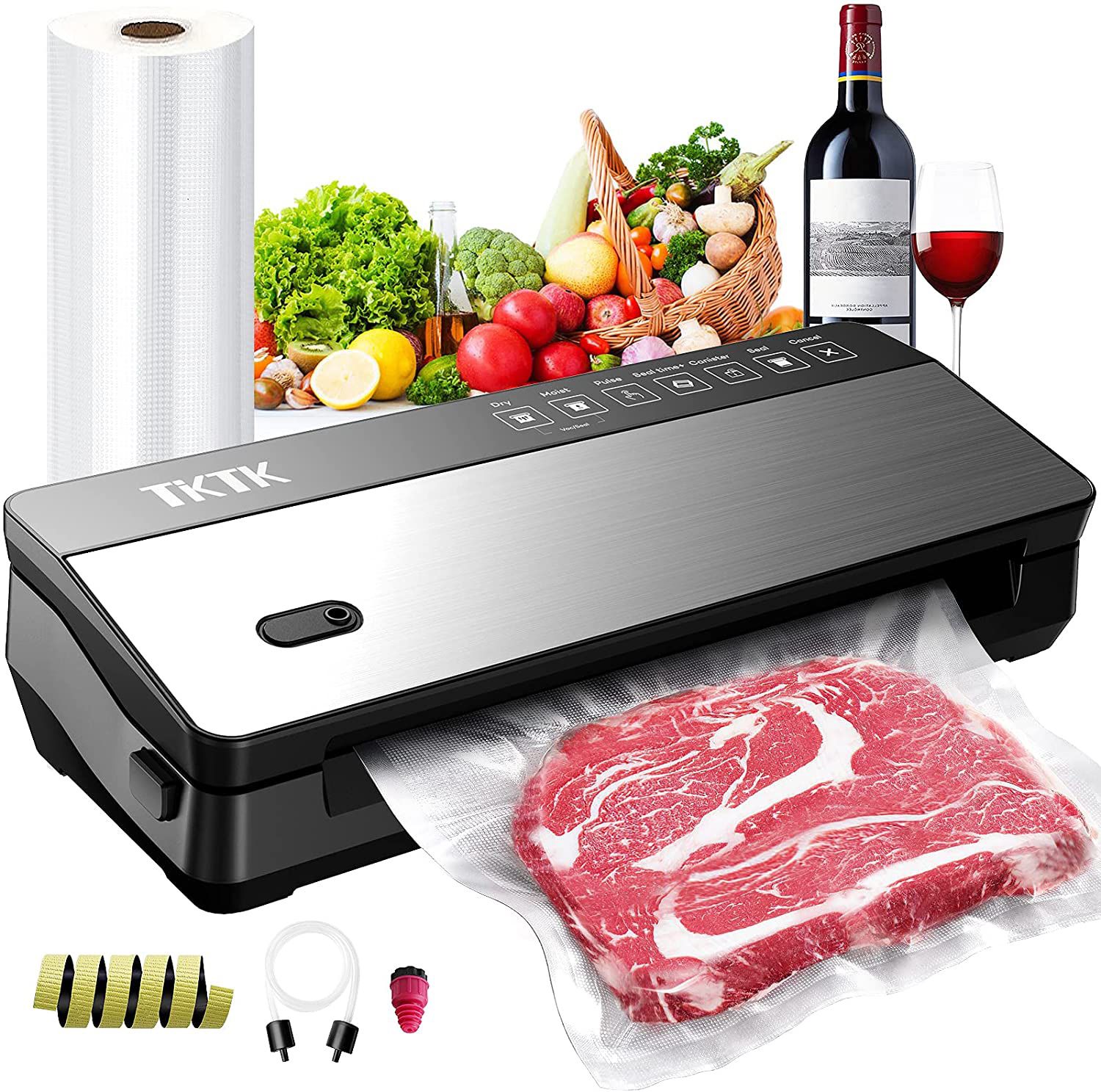 Vacuum Sealer Machine,TKTK 7 In 1 Food Sealer,Powerful Air Sealing System Machine,85 Kpa,Dry&Moist Modes,with Built-in Cutter, Paper Bag Storage,Gifts