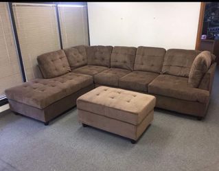 New Chocolate Brown Sectional Couch Chenille Sofa With Free Ottoman New In Boxes  Thumbnail