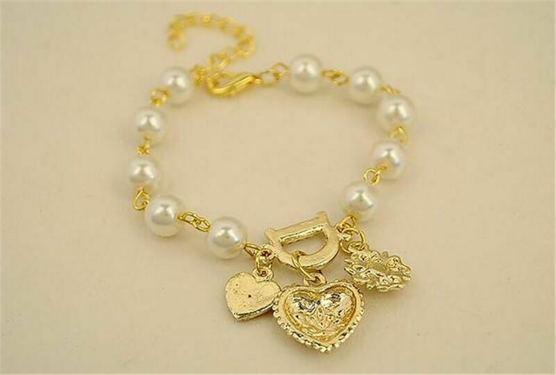 Fashion Gold Plated Women's Jewelry Crystal Heart Bangle Pearl Bracelet Hot