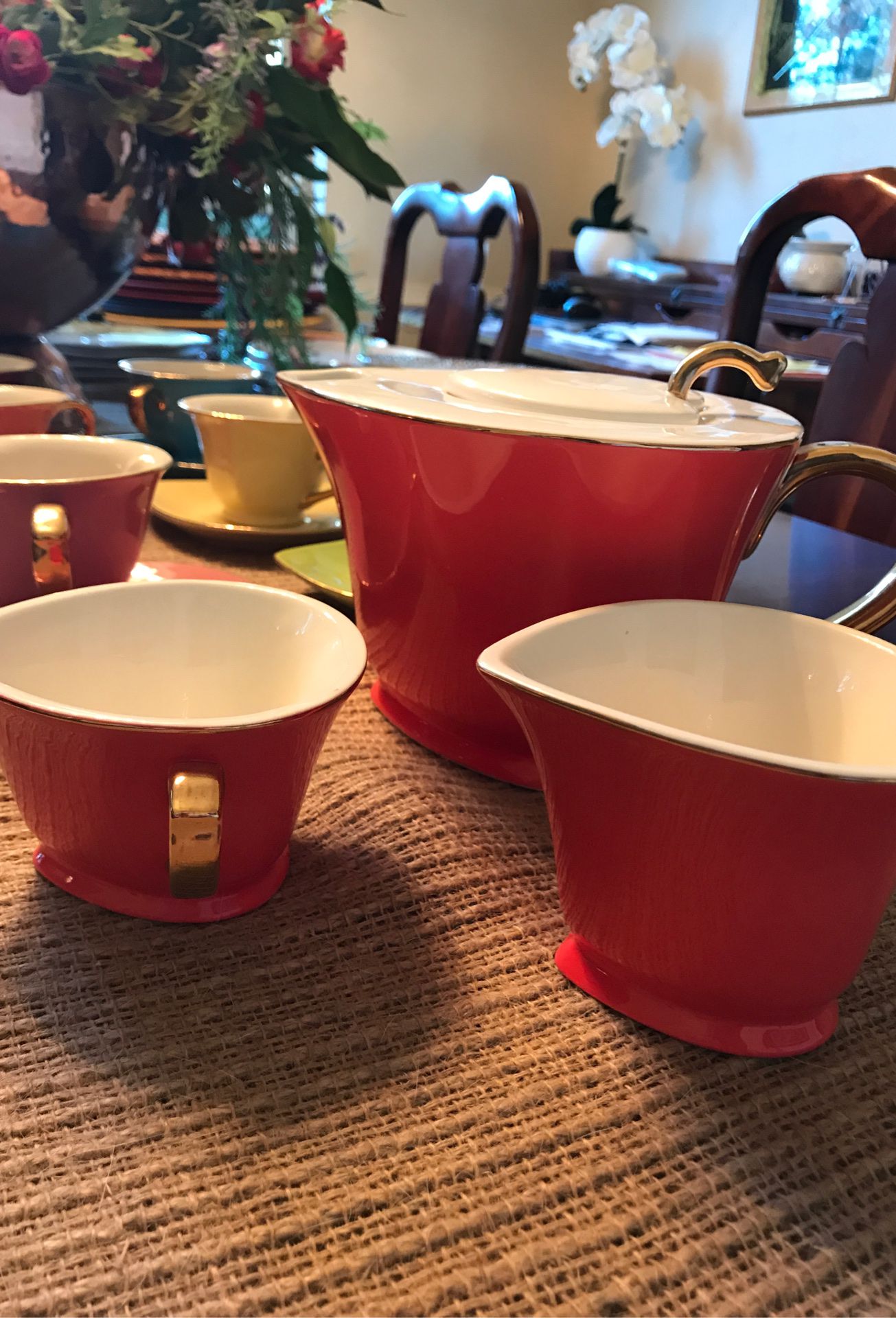 Gold trimmed colorful tea set for 6