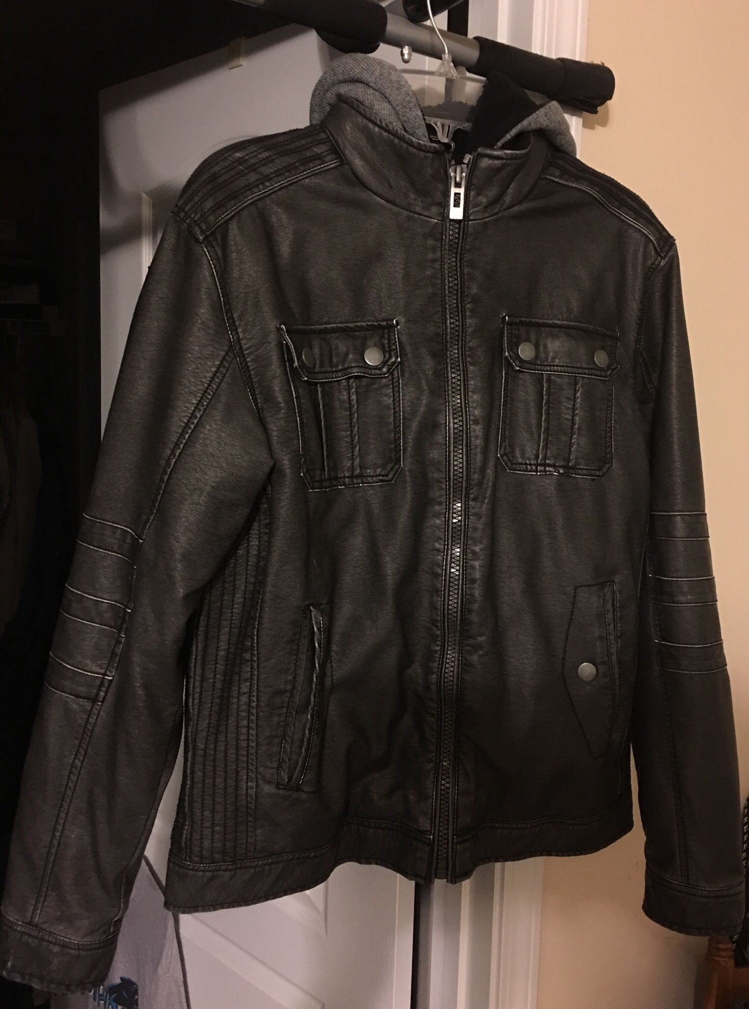 Route 66 Layered Zip-On Charcoal Grey Hooded Leather Men’s Coat Jacket
