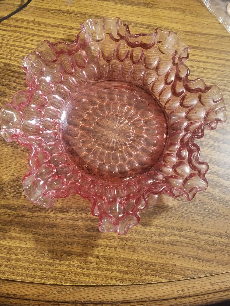 Vintage Rose/Pink Ruffle Glass Candy Dish