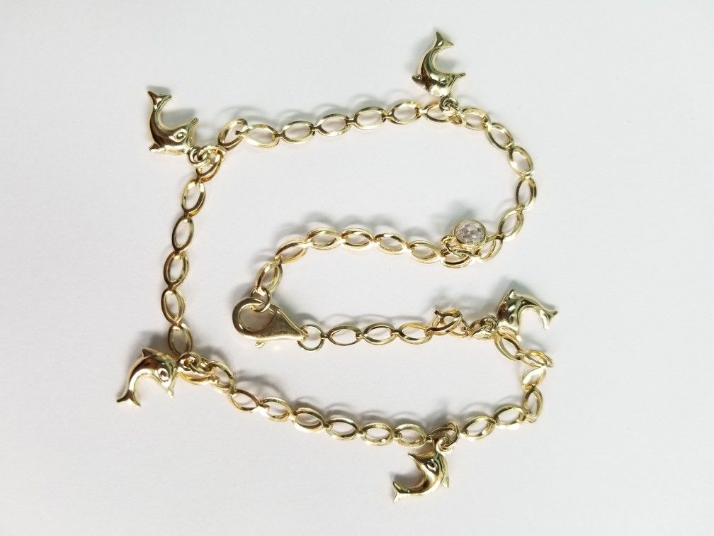 10k Yellow Gold Dolphin Anklet Cz Link Chain Tobillera De Mujer Delfines Con Piedras Cz 10 Inches Pulgadas